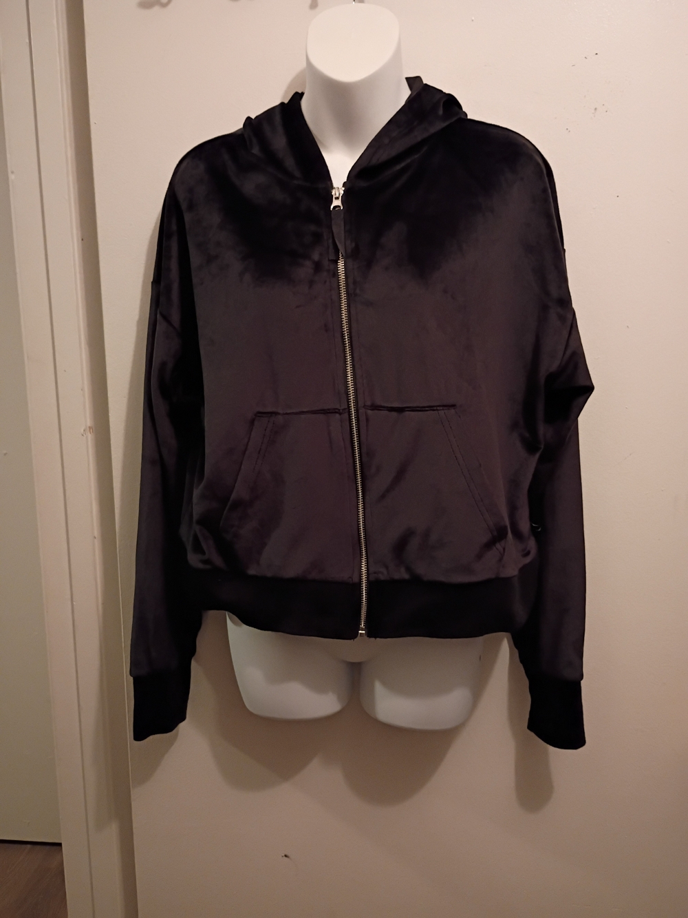 Jessica Simpson Black Satin-Look Hooded Bomber Jacket